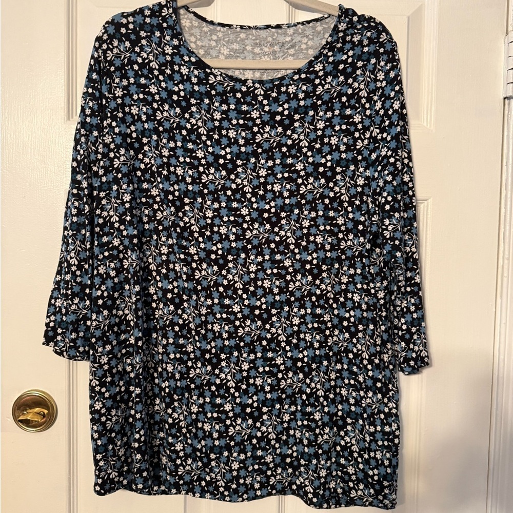 Preswick & Moore Black Scoop Neck Tunic with Blue and White Floral Pattern